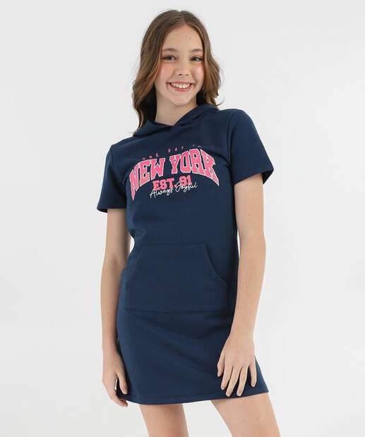Vestido Juvenil Moletom Estampado Capuz Marisa 10 a 16 Azul