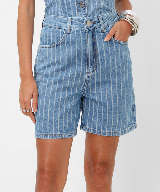 Short Jeans Feminino Listrado Cintura Alta Marisa Azul