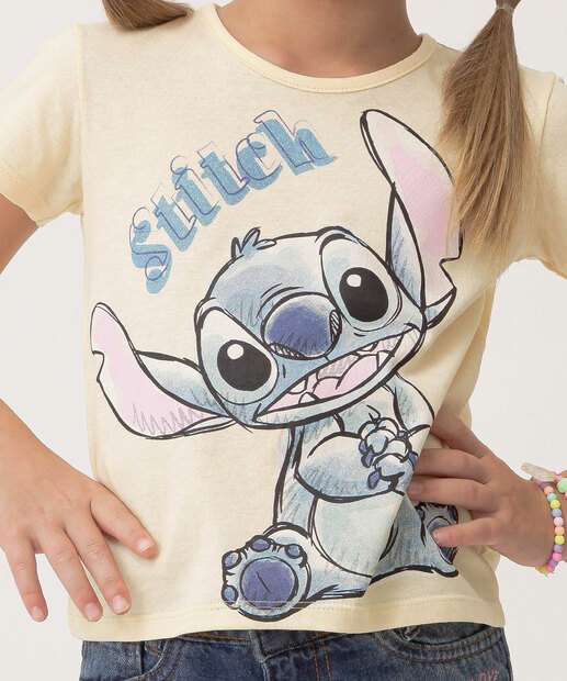 Camiseta Infantil Estampa Stitch Glitter Tam 4 a 10 Amarela