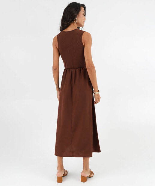 Vestido Midi Feminino Recorte Canelado  Marisa Marrom