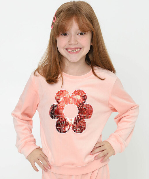 Conjunto Infantil Plush Flor Paetê Marisa Tam 4 a 10 Rosa