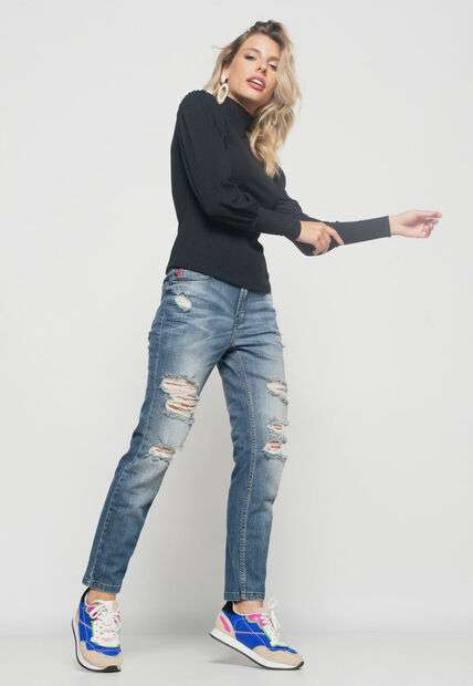 Blusa  Princesa Manga Longa Canelada Preta