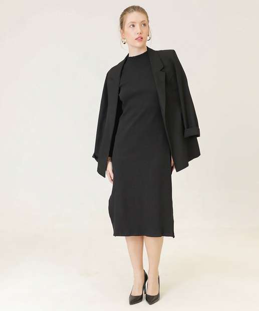 Vestido Midi Feminino Canelado Manga Longa Marisa