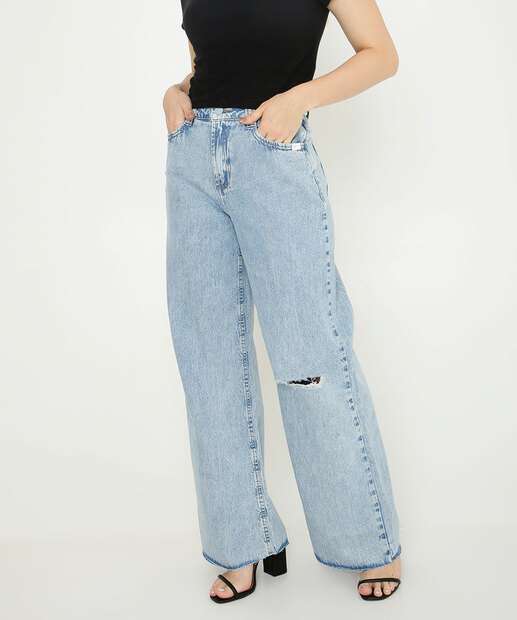 Calça Jeans Destroyed Wide Leg Pantalona Feminina Marisa