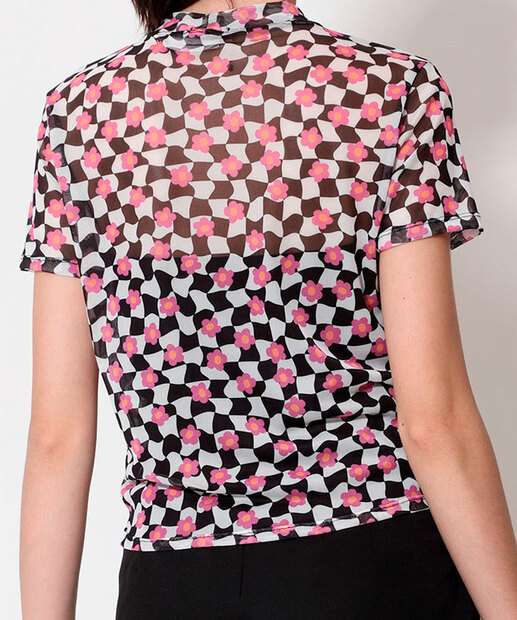 Blusa Feminina Tule Xadrez Flores Marisa