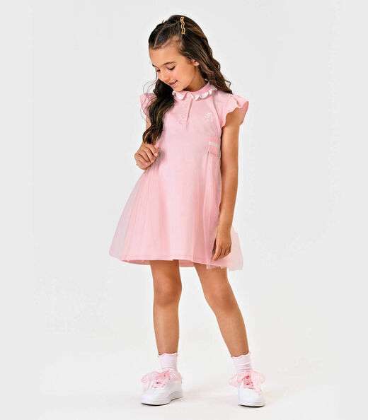 Vestido Infantil Cotton Com Tule Trick Nick Rosa