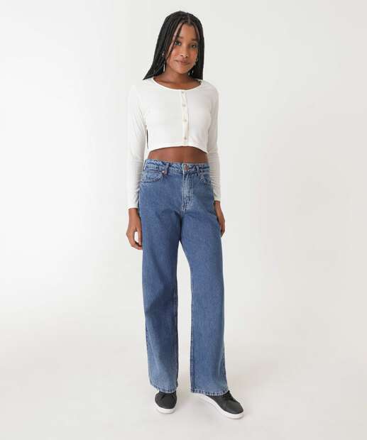 Calça Jeans Wide Leg Bolsos Feminina 