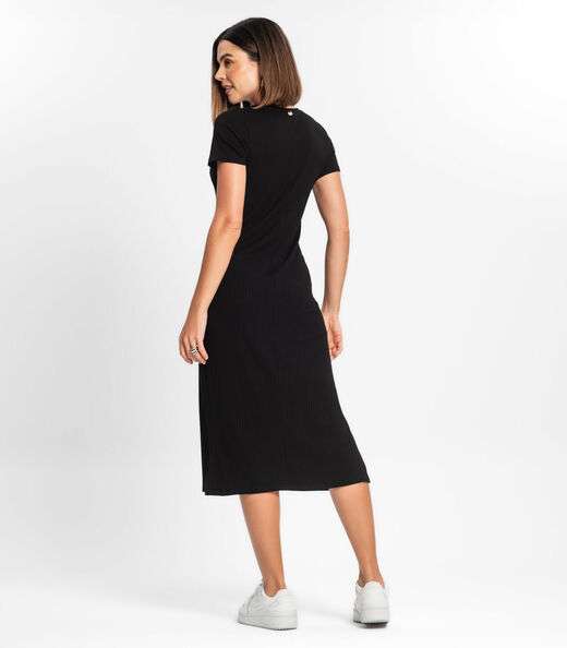 Vestido Midi Ribana Canelada Básico Rovitex Preto