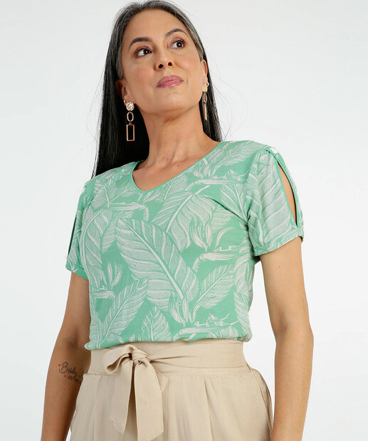 Blusa Feminina Viscolycra Folhas Manga Curta Marisa