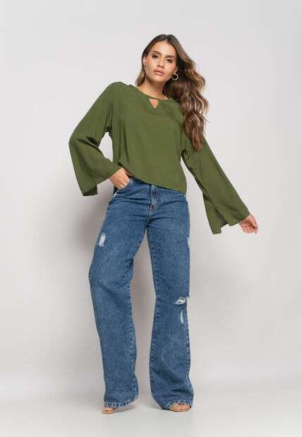Blusa Manga Longa Flare Viscolinho Verde Salvatore