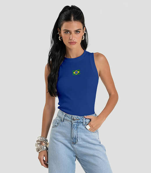 Regata Feminina em Ribana Canelada Brasil Dianna Azul