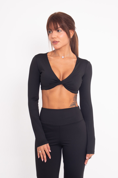 Conjunto Fitness Cropped e Calça Flare em Poliamida Preto Wemood