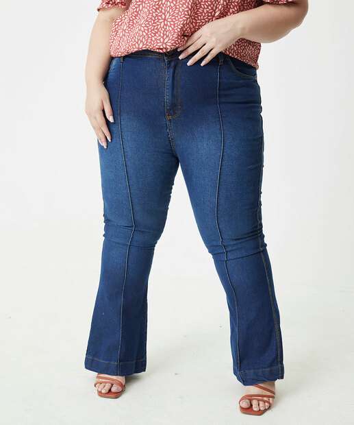 Calça Plus Size Feminina Flare Cintura Alta Bolsos