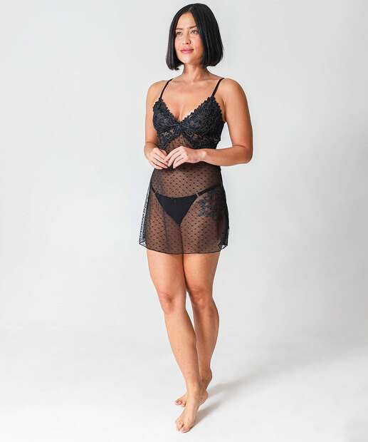 Camisola Sensual Tule Brilho Lurex Renda Marisa Preto