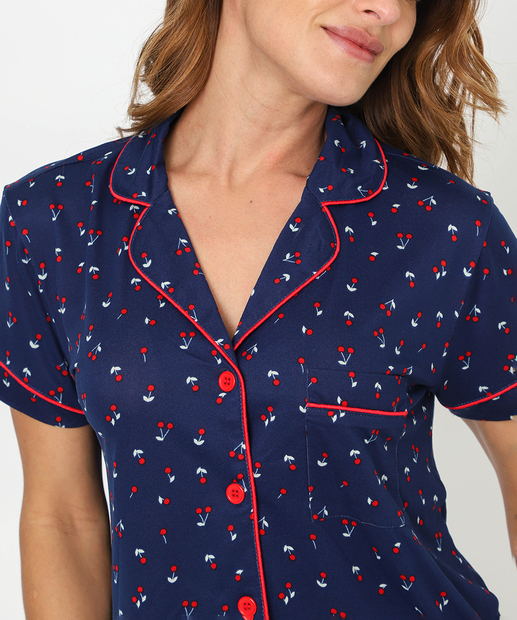 Pijama Americano Feminino Cerejas Marisa Azul