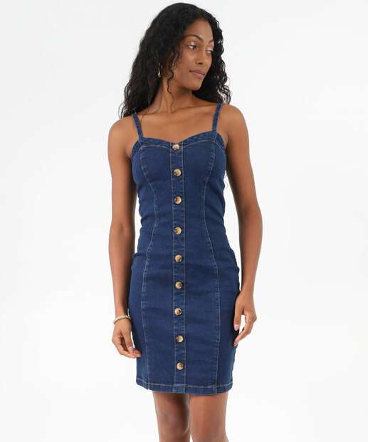 Vestido Jeans Curto Feminino Botões Marisa Azul