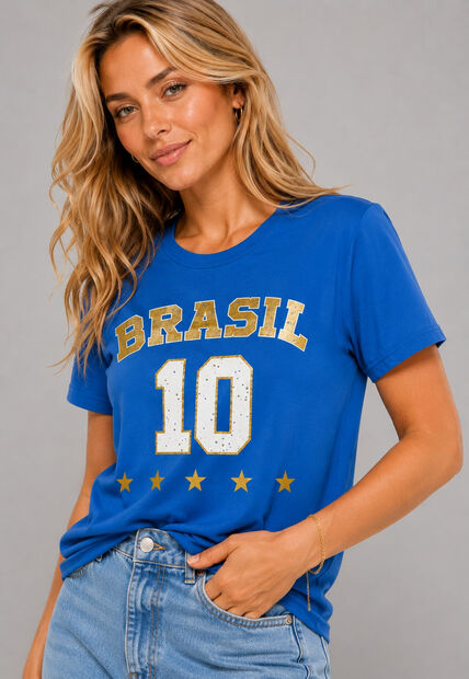 Blusa Brasil 10 Malha Comfy Manga Curta Azul Salvatore