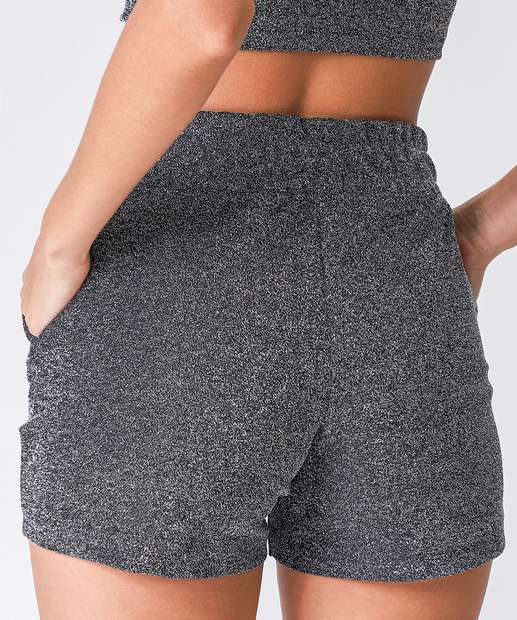 Short Cintura Alta Feminino Brilho Lurex Marisa Preto