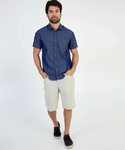 Camisa Masculina Jeans Bolso Manga Curta