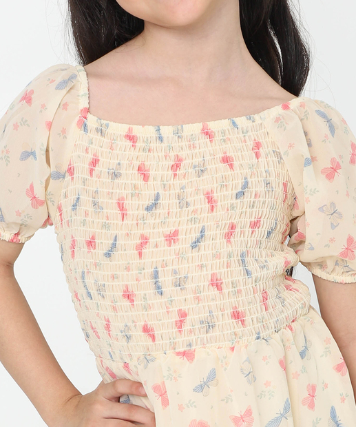 Vestido Infantil Chiffon Lastex Borboletas Marisa Tam 4 a 10 Bege