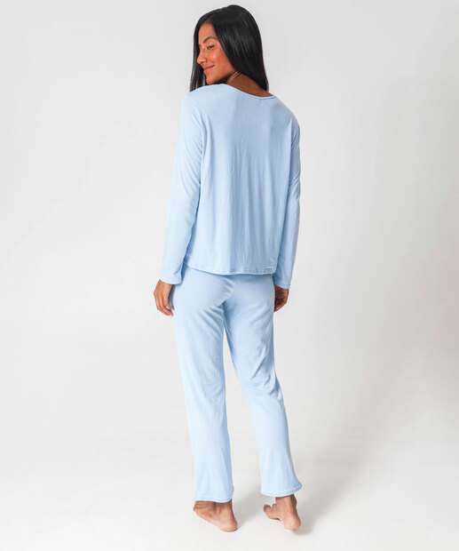 Pijama Feminino Liso Manga Longa Marisa Azul