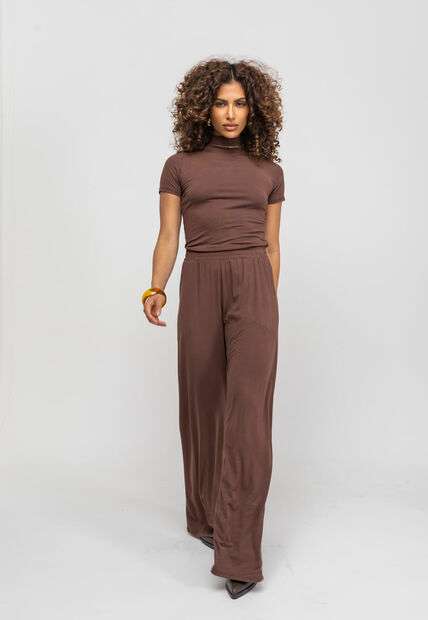 Calça Wide Leg Com Bolso Malha Marrom Salvatore Fashion