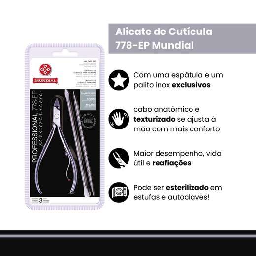 Kit 3 Alicate Cuticula 778ep Espatulaepalito Mundial Professional Mundial