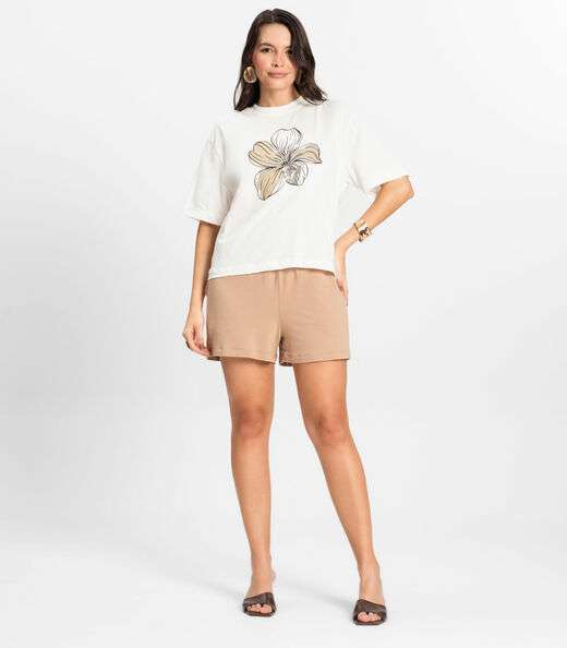 T- Shirt Box Feminina em Meia Malha Rovitex Bege