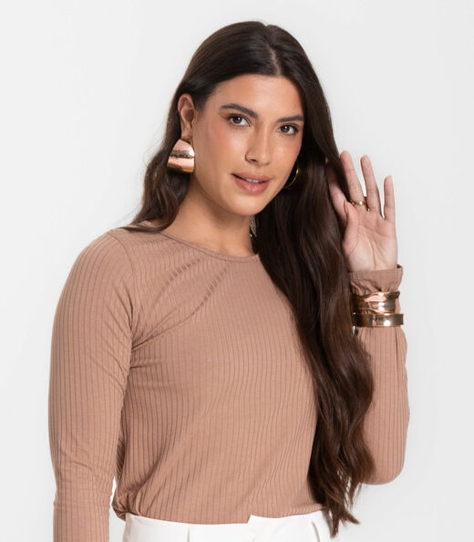 Blusa Feminina Canelada Com Manga Longa Rovitex Marrom