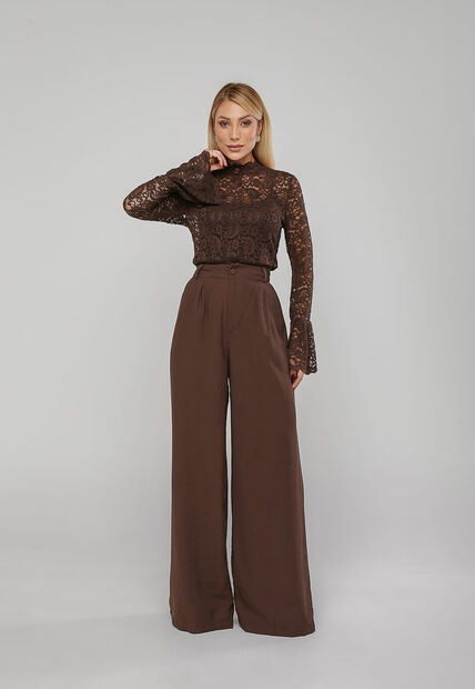 Blusa De Renda Com Manga Longa Flare Marrom Salvatore