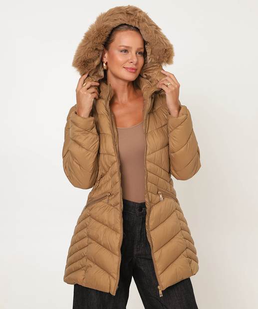 Image_Casaco Feminina Alongada Puffer Capuz Marisa Bege
