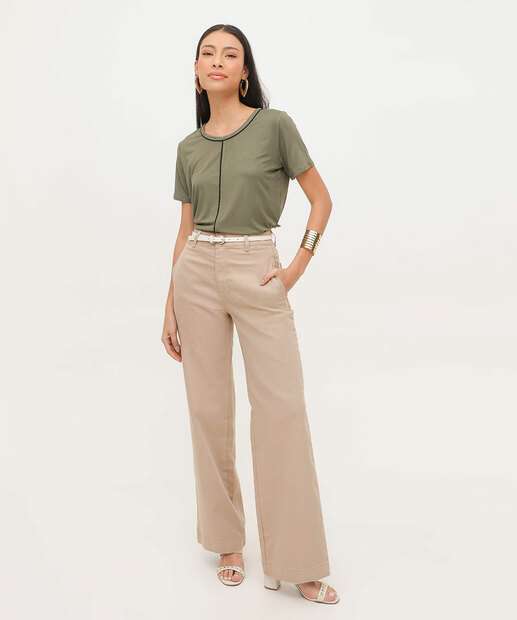 Calça Sarja Wide Leg Bolsos Feminina Sawary