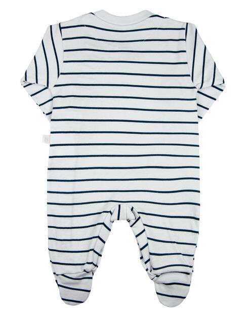 Macacao Bebe Longo Menino Suedine Listrado com Bordado Aplicados de Urso - Branc