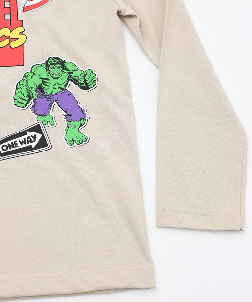 Camiseta Infantil Manga Longa Vingadores Marvel Tam 4 a 10 Bege