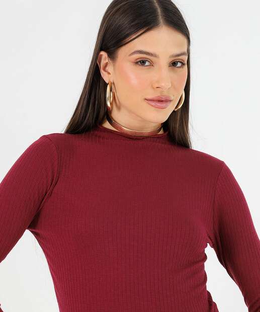 Blusa Feminina Canelada Manga Longa Marisa Vinho