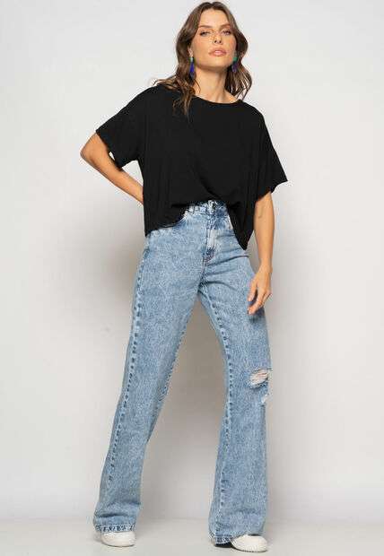 Cropped Amplo Manga Curta Malha Preto Salvatore