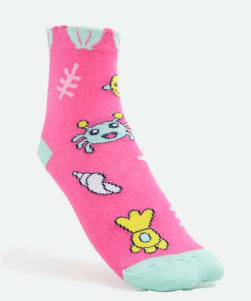 Kit 2 Pares Meias Infantil Soquete Estampa Sereia