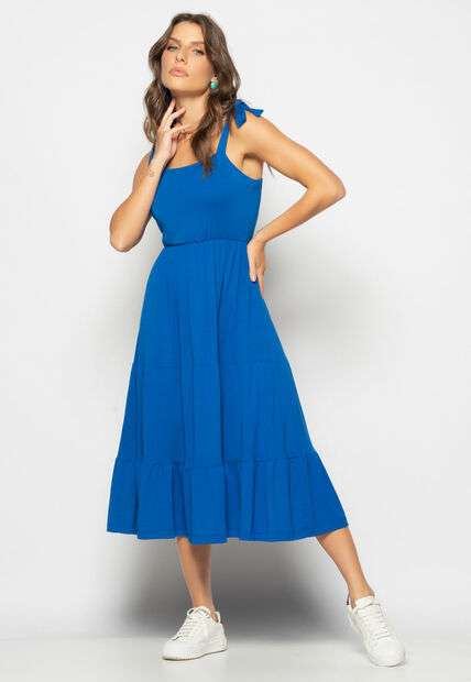 Vestido Midi Babado Com Alça Amarração Malha Azul Salvatore