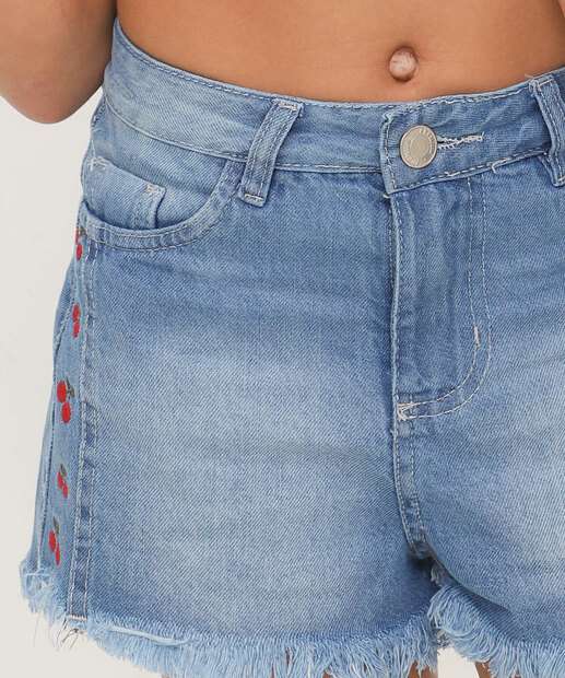 Short Juvenil Jeans Bordado Cereja Tam 10 a 16