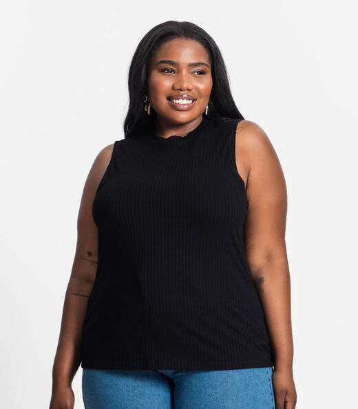 Regata Plus Size Em Ribana Canelada Secret Glam Preto