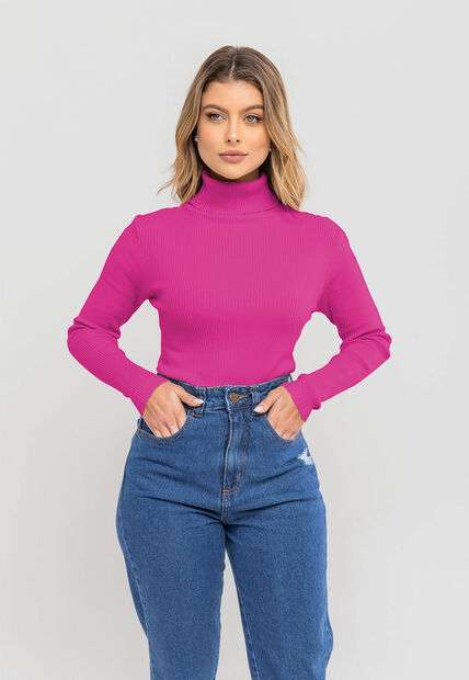 Blusa Tricot Modal Canelado Gola Rolê Pink Salvatore