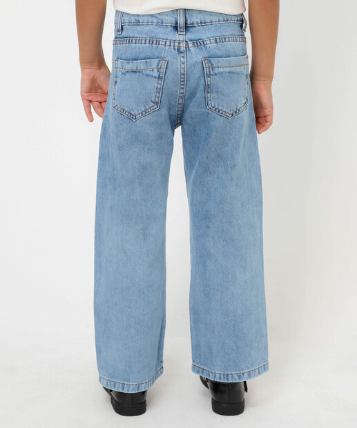 Calça Jeans Reta Infantil Bordado Morango Tam 4 a 10 Azul