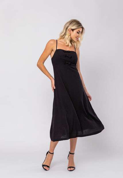Vestido Midi Viscolinho Premium Laços Preto Salvatore