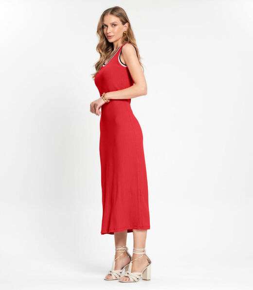 Vestido Midi Em Ribana Canelada Rovitex Vermelho