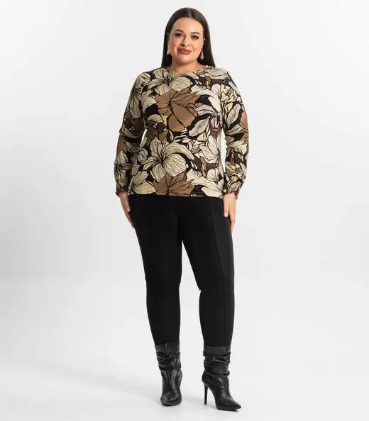 Blusa Plus Size Manga Longa Feminina Secret Glam Marrom