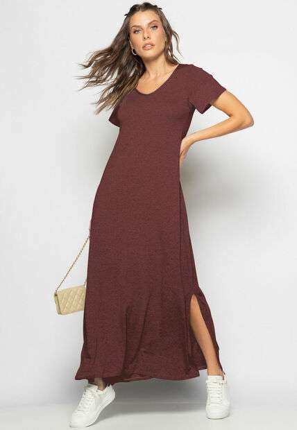 Image_Vestido Longo Manga Curta Malha Marrom Salvatore Fashion