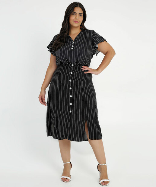 Saia Plus Size Midi Feminina Listrada Botões