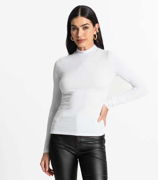Blusa Manga Longa Feminina Canelada Select Branco