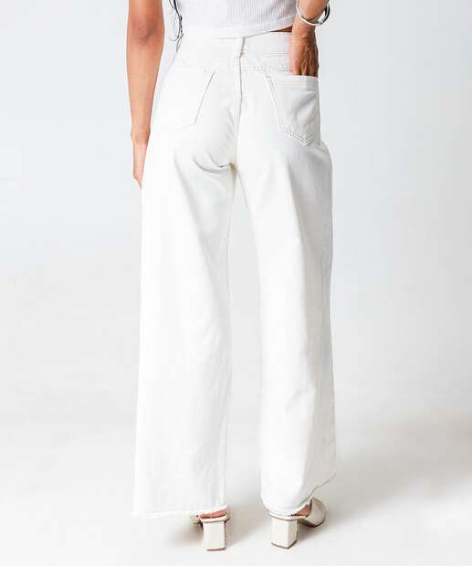 Calça Sarja Wide Leg Feminina Strass Off White