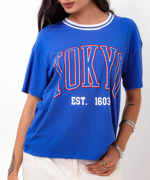 Camiseta Feminina Oversized Estampada Marisa Azul